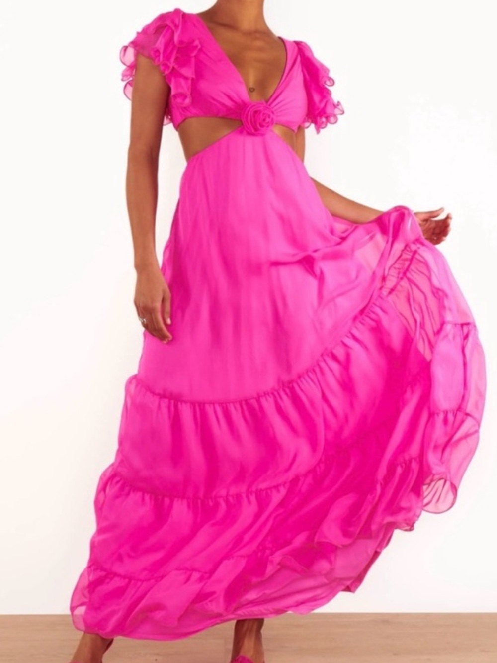 Show Me Your MuMu Hot Pink Ruffle Maxi Dress with Cutout Rose Detail